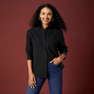 Raya Rhinestone Cuff Button Front Shirt - Black