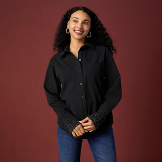 Raya Rhinestone Cuff Button Front Shirt - Black