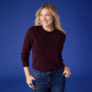 Lauren Lightweight Sweater with Rhinestone Front - Eggplant