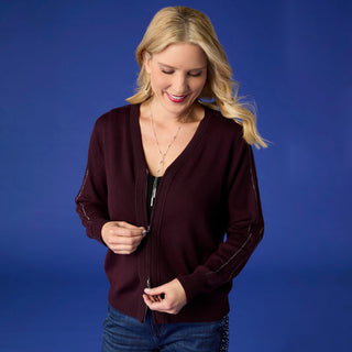 Lauren Lightweight Cardigan with Embellished Sleeve - Eggplant