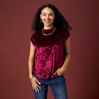 Lorelai Crushed Velour Cap Sleeve Top - Wine