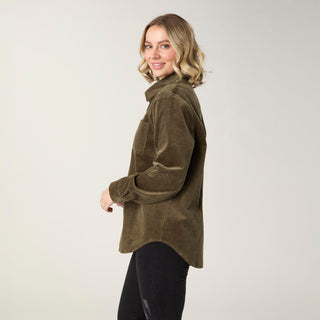 Aubree Corduroy Button Front Collared Shirt - Olive