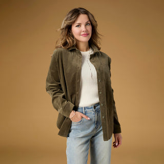 Aubree Corduroy Button Front Collared Shirt - Olive