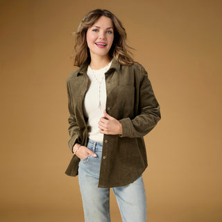 Aubree Corduroy Button Front Collared Shirt - Olive
