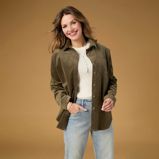 Aubree Corduroy Button Front Collared Shirt - Mocha