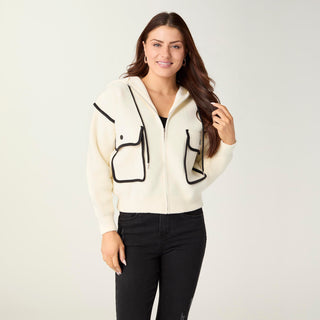 Malia Zip Front Hoodie with Piped Trim - Ivory