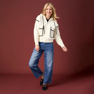 Malia Zip Front Hoodie with Piped Trim - Ivory