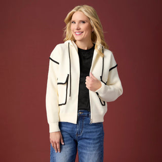 Malia Zip Front Hoodie with Piped Trim - Ivory