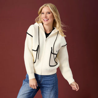 Malia Zip Front Hoodie with Piped Trim - Ivory