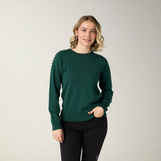 Brynn Fine Gauge Sweater with Sleeve Studs - Hunter Green