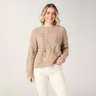 McKenna Pointelle Sweater with Paillettes - Beige Heather