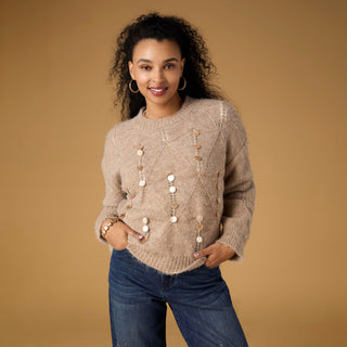 McKenna Pointelle Sweater with Paillettes - Beige Heather