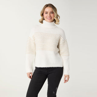Jocelyn Sequin Stripe Turtleneck Sweater - Winter White/Gold
