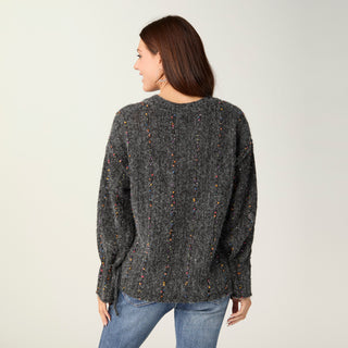 Mira Sequin Mini-Pom Tie-Sleeve Sweater - Grey Multi