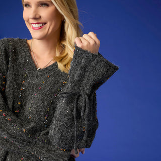 Mira Sequin Mini-Pom Tie-Sleeve Sweater - Grey Multi