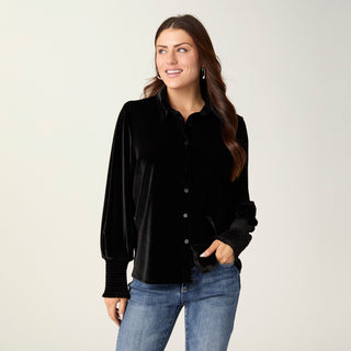 Elaine Velour Collared Top with Smock Cuff - Black