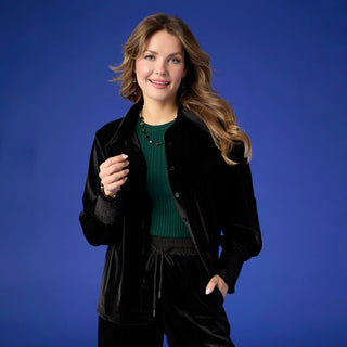 Elaine Velour Collared Top with Smock Cuff - Black