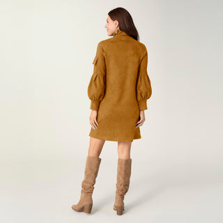 Charlee Faux Suede Pleated Sleeve Dress - Camel