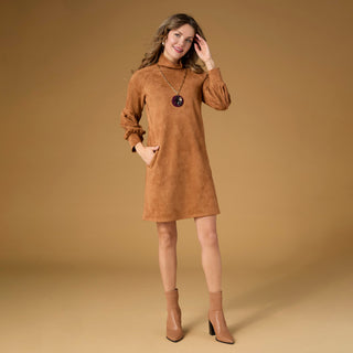 Charlee Faux Suede Pleated Sleeve Dress - Camel