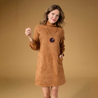 Charlee Faux Suede Pleated Sleeve Dress - Camel