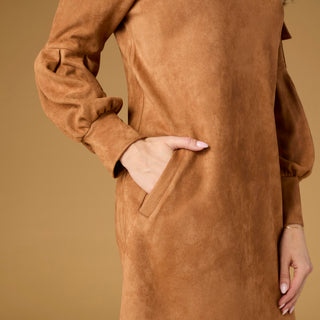 Charlee Faux Suede Pleated Sleeve Dress - Camel