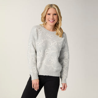 Embellished Ribbon Sweater - Light Heather Grey