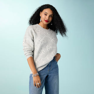 Embellished Ribbon Sweater - Light Heather Grey