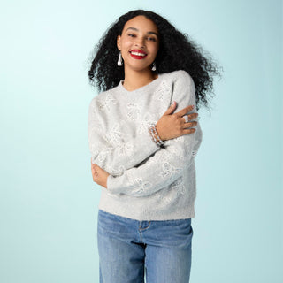 Embellished Ribbon Sweater - Light Heather Grey