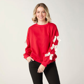 Pleated Bow Sleeve Sweatshirt - Red