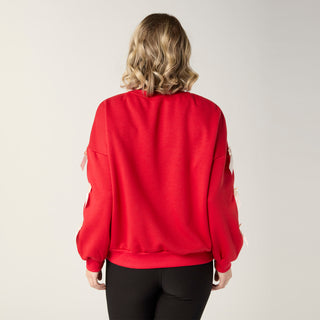 Pleated Bow Sleeve Sweatshirt - Red