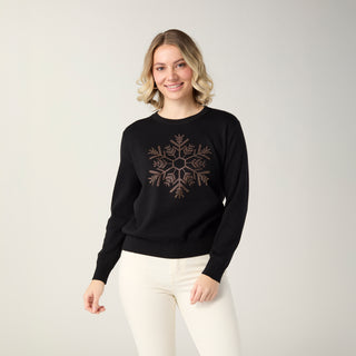 Rhinestone Snowflake Fine Gauge Sweater - Black