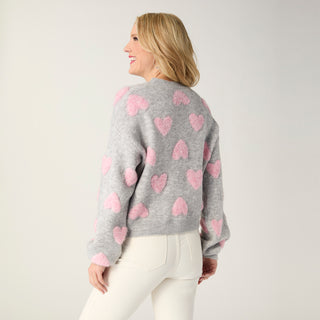 Raised Multi Heart Crew Neck Sweater - Grey/Pink