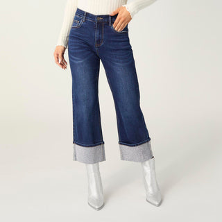 EverStretch Baby Bootcut Crop with Rhinestone Cuff - Indigo Dark Denim