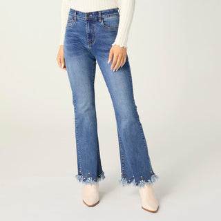 EverStretch Flare with Pearl & Fringe Hem - Medium Denim