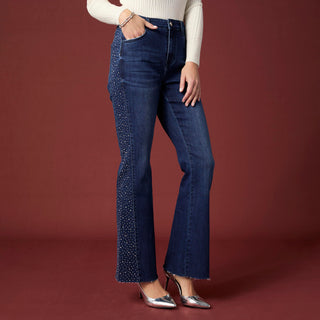 Bambu Soft Flare with Rhinestone Side - Indigo Dark Denim