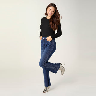 Bambu Soft Flare with Rhinestone Side - Indigo Dark Denim