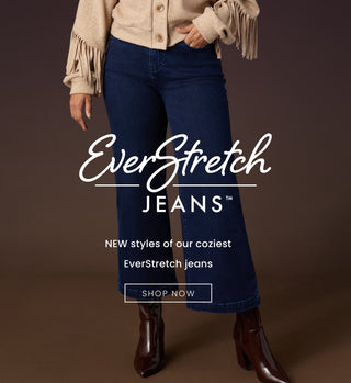 Person wearing blue jeans with EverStretch branding on a brown background