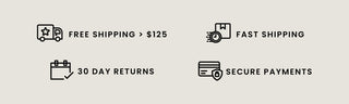 Four black line icons with text on a light warm gray background: a delivery truck next to 'FREE SHIPPING > $125', a package icon next to 'FAST SHIPPING', a calendar icon next to '30 DAY RETURNS', and a card icon next to 'SECURE PAYMENTS'.