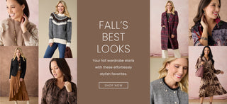A promotional collage banner for fall clothing featuring multiple women modeling different garments, with a central brown panel reading 'FALL'S BEST LOOKS' and a 'SHOP NOW' button.