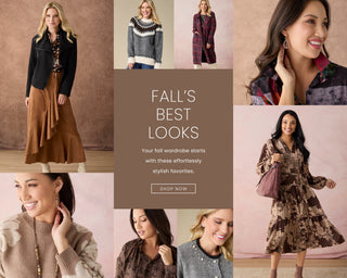 A collage-style promotional graphic for fall wardrobe, featuring multiple women modeling different outfits against a soft pink studio backdrop, with a central brown panel reading 'FALL'S BEST LOOKS' and a 'SHOP NOW' button.