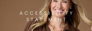 A smiling woman with blonde hair wearing a brown top and necklace, with large white text reading 'ACCESSIBILITY STATEMENT' over the center on a warm brown background.