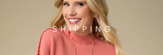 A smiling blonde woman wearing a coral pink mock-neck sweater and gold jewelry, with the word 'SHIPPING' overlaid in white text across the center against a warm beige background.
