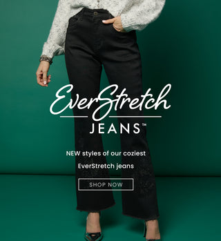 Person wearing black EverStretch jeans with promotional text on a green background