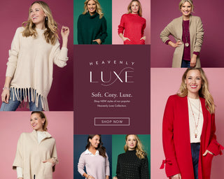 Collage of images promoting a Heavenly-Luxe collection. Soft. Cozy. Luxe. 