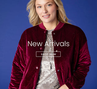 Model wearing red velour jacket on a blue background  with 'NEW ARRIVALS' copy