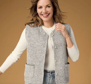 Rotating GIF of models wearing fall outfits on various background colors.