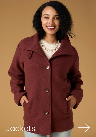 Model wearing a maroon jacket on tan background with 'JACKETS' copy