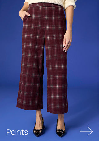 Model wearing plaid red pants on a bright blue background 'PANTS' copy