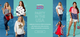 Promotional image for America's 250th Anniversary with a woman in patriotic clothing against a blue background.