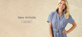 Woman wearing a blue dress with 'New Arrivals' text and 'Shop Now' button on a beige background